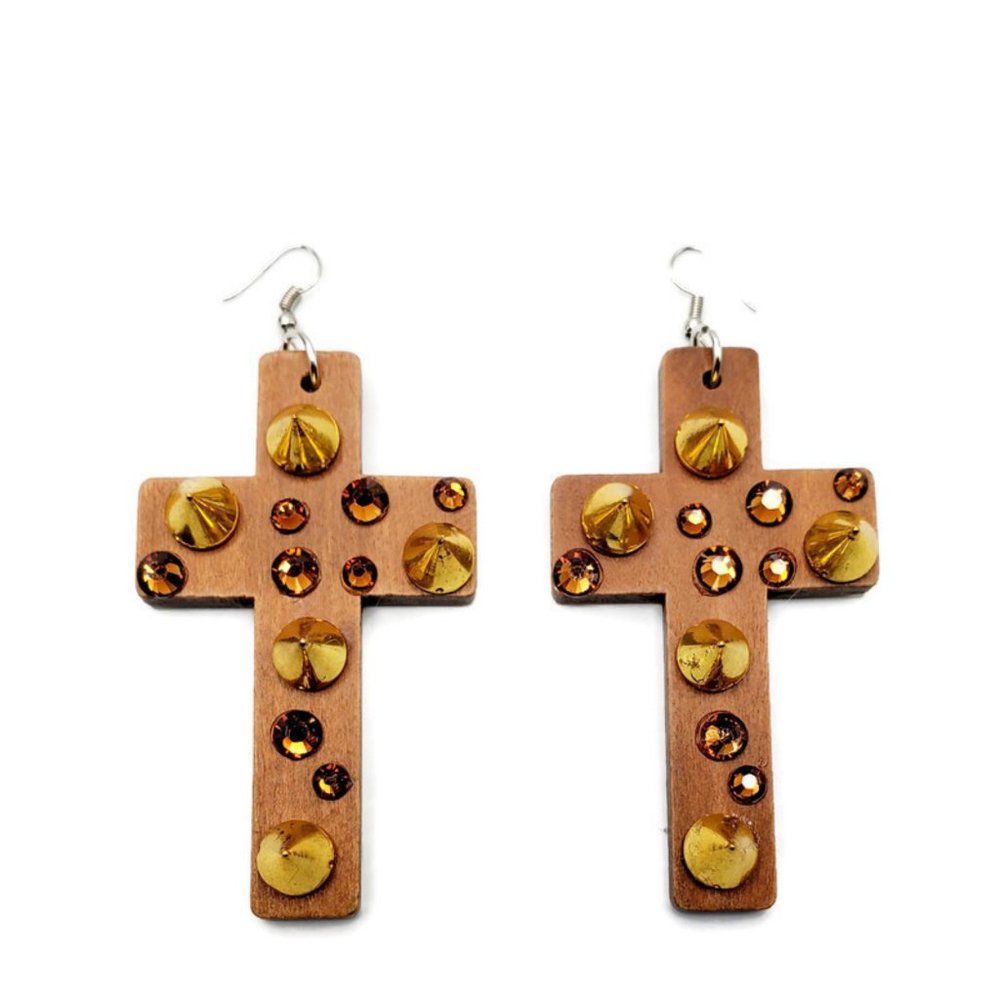 Topaz Handcrafted Wooden Cross Earrings with Swarovski & Spike Studs!